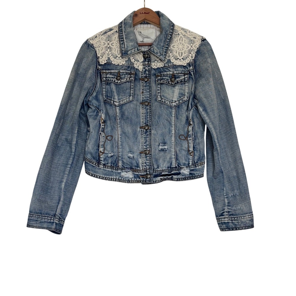 White Crow Lace Trim Distressed Denim Jacket Medium Wash Large Boho Chic